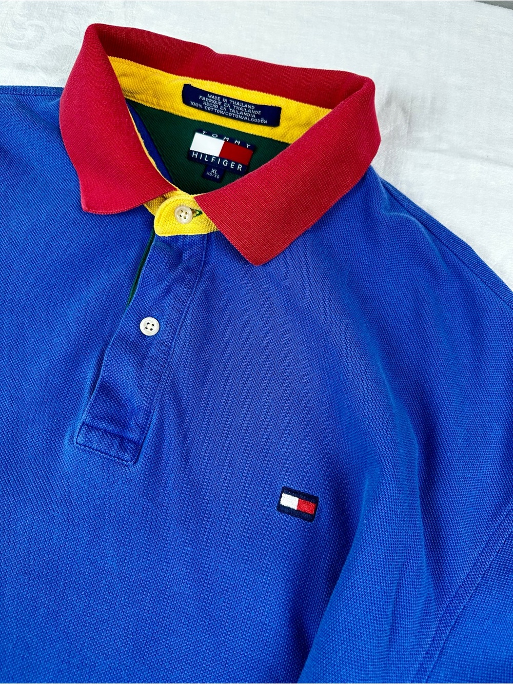Tommy Hilfiger Blue Polo with Red Collar and Yellow Trim